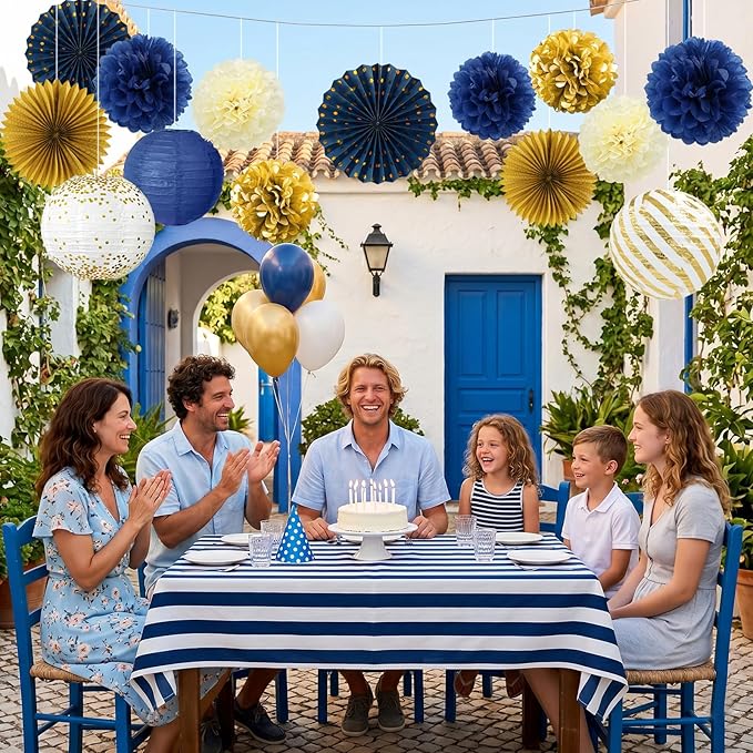 ADLKGG Navy Blue and Gold Party Decorations, 14 Pcs Hanging Paper Fans, Lanterns, Pom Poms, Elegant Backdrop for Class of 2026 Graduation, Nautical Baby Shower, Bachelorette, Men Birthday