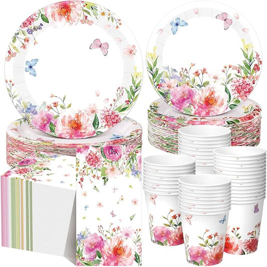 Funnymoom 250 Pcs Floral Party Decoration Wildflower Paper Plates Cups and Napkins Spring Tea Theme Flower Butterfly Tableware Set for Garden Baby Bridal Shower Wedding Party Supplies, Serves 50