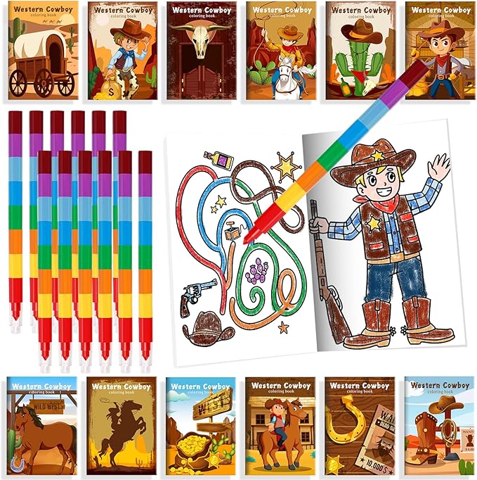BenLouis 24 Western Cowboy Mini Coloring Books Kids With 24 Stacking Crayons Wild West Party Favors Activity Books Bulk for Kids Yee Haw Rodeo Goodie Bag Gift Stuffer Classroom Reward