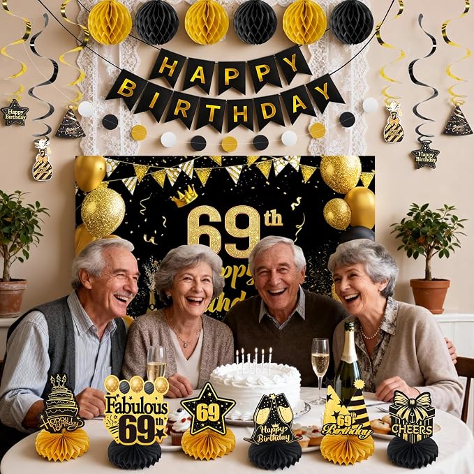 Happy 69th Birthday Party Decoration: Including Birthday Banner Backdrop, Party Table Centerpieces and Hanging Swirl Party Streamers, Birthday Decor for Men and Women (Gold/Black, 69th Birthday)