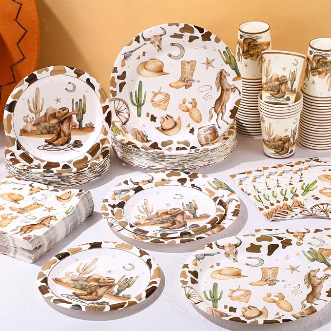Pickmesh 250 Pcs Western Cowboy Party Decorations Wild West Disposable Tableware Set Cowboy Paper Plates Napkins and Cups for Rodeo Birthday Baby Shower Party Decorations Serve 50