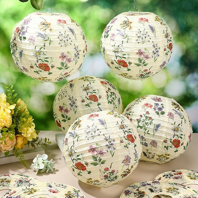 Honoson 12 Pcs Wildflower Paper Lanterns Spring Floral Wildflower Party Decorations Hanging 10 Inch Chinese Lanterns for Wedding Bridal Shower Baby Shower Tea Party Decorations
