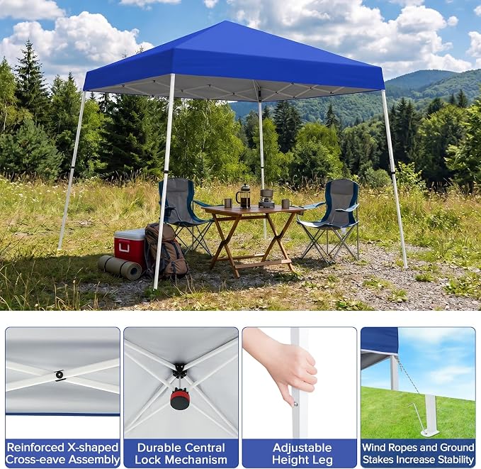 10x10 Pop Up Canopy Tent with Carry Bag, Slant Leg Instant Shade Shelter for Outdoor Events, Camping, Sports, Parties, Blue