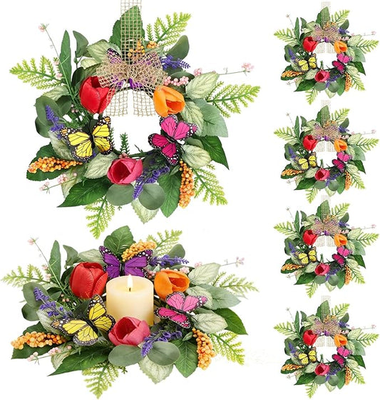 6 PCS Spring Lavender Tulips Hanging Wreaths for Kitchen Cabinets Artificial Small Floral Wreaths for Front Door with Butterfly Spring Summer Mini Wreath for Home Farmhouse Window Porch Wall Decor