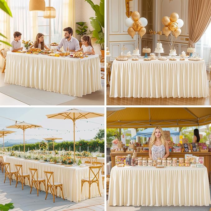 2 Packs Light Champagne Tableclothes for 8 Foot Rectangle Tables, Wrinkle Free Fitted Table Cloth 8ft Stretch Table Cover with Skirt for Parties Weddings Birthday Banquet Baby Shower