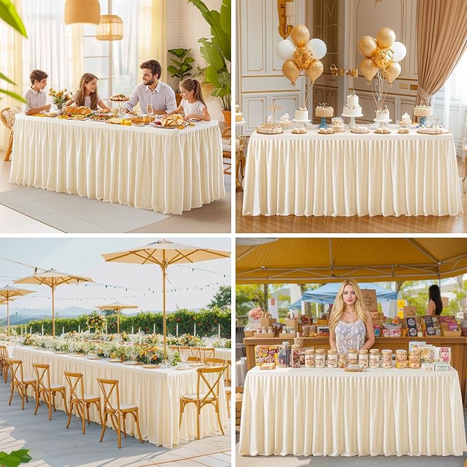 6 Packs Light Champagne Tableclothes for 8 Foot Rectangle Tables, Wrinkle Free Fitted Table Cloth 8ft Stretch Table Cover with Skirt for Parties Weddings Birthday Banquet Baby Shower