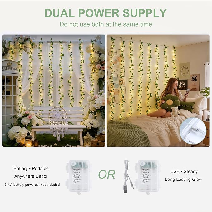 JMEXSUSS 200 LED Vine Lights Battery Operated & USB Powered, Pothos Vines with Fairy Lights Waterproof, Curtain Lights with Remote for Bedroom, Wedding, Dorm, Indoor, Outdoor Decor, 6.5x6.5ft