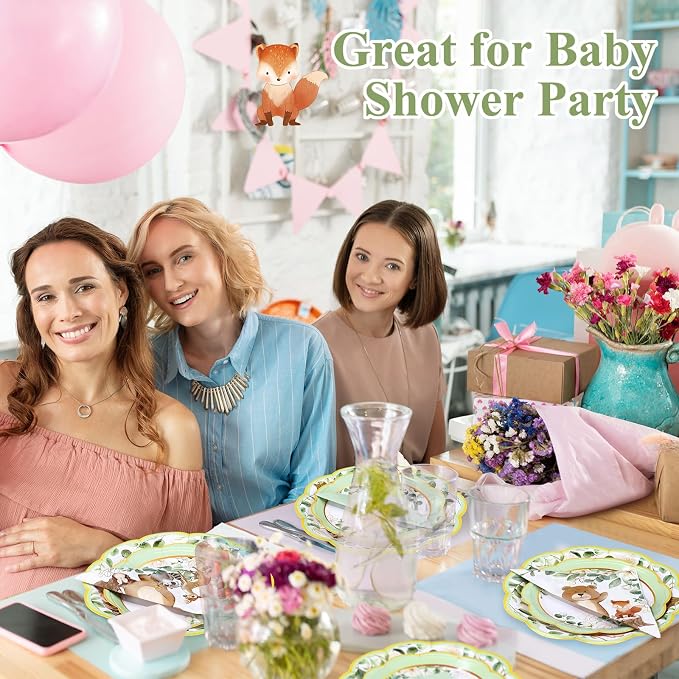 Funnymoom 200 Pcs Woodland Baby Shower Party Supplies Kit Safari Animals Disposable Paper Dinner Dessert Plates Napkins for Birthday Baby Bridal Shower Wedding Party 50 Guests