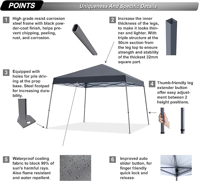 ABCCANOPY Stable Pop up Outdoor Canopy Tent 10 x 10 ft Base / 8 x 8 ft Top, Dark Gray