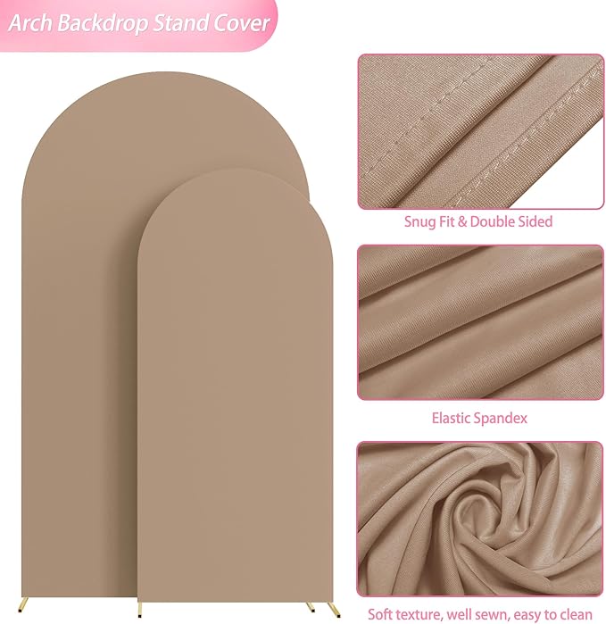 Wokceer Wedding Arch Backdrop Cover 7.2FT, 6FT Set of 2 Spandex Fitted Nude Brown for Round Top Chiara Stands - Birthday Party Ceremony Decor