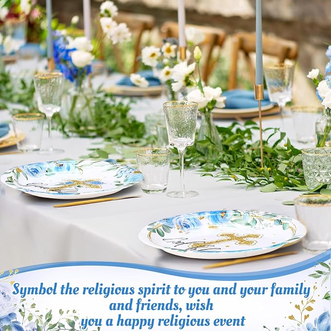 Funnymoom 60 Pcs Baptism Plates 9 Inch Blue God Bless Floral Plates Disposable Religious Party Decoration for First Communion Christening Celebration Baby Shower Religious Party Supplies