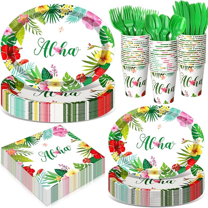 Pajean 350 Pcs Summer Hawaiian Party Supplies Luau Oval Plates and Napkins Set Palm Leaf Aloha 12 in Disposable Tropical Heavy Duty Paper Tableware Set for 50 Guests Summer Luau Beach Party Supplies