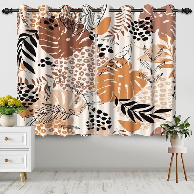 Mid Century Boho Leaves Window Curtains Palm Leaf Modern Abstract Art Curtain Drapes Boho Kitchen Curtains Window Treatment Sets Living Bedroom Dining Room Home Decor,53x63 inch,2 Panels