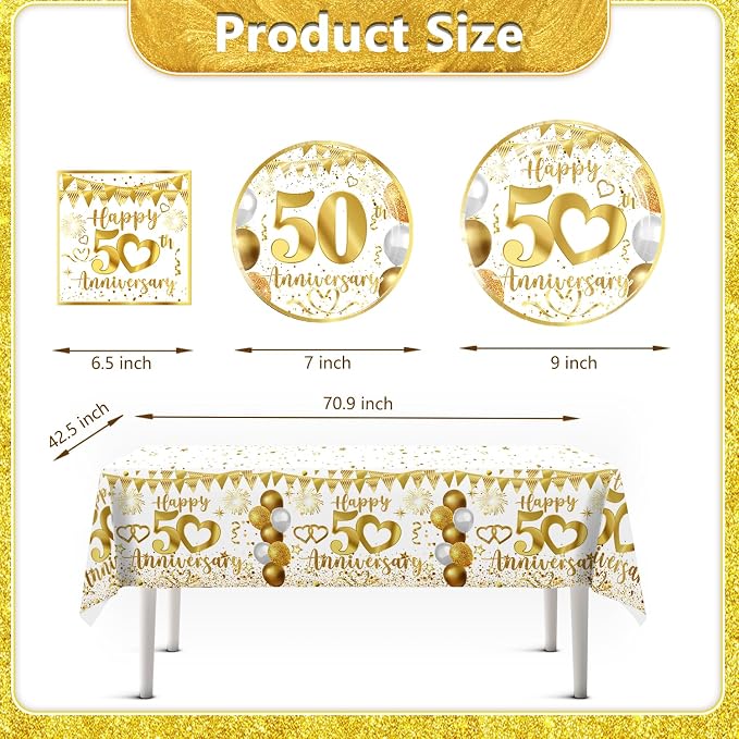 cocomigo 162pc 50th Anniversary Decorations - Tableware Set with Plates, Napkins, Banner, Tablecloth, Balloons - Serves 25
