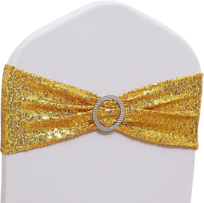 Pack of 100 Spandex Sequin Gold Chair Sashes for Wedding Chair Sashes for Party Fiesta Baby Shower Decor Chairs Bands - Sequins Gold Sash for Chairs
