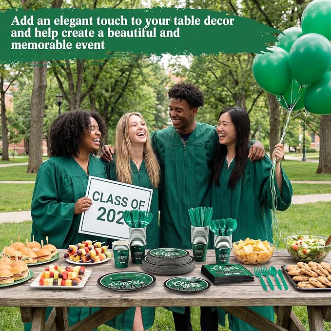 Funnymoom 400 Pcs Graduation Party Supplies Class of 2026 Graduation Paper Plate Napkin Cup Cutlery Congrats Grad Disposable Tableware Set for Grad Party Decorations, Serve 50 (Green, White)