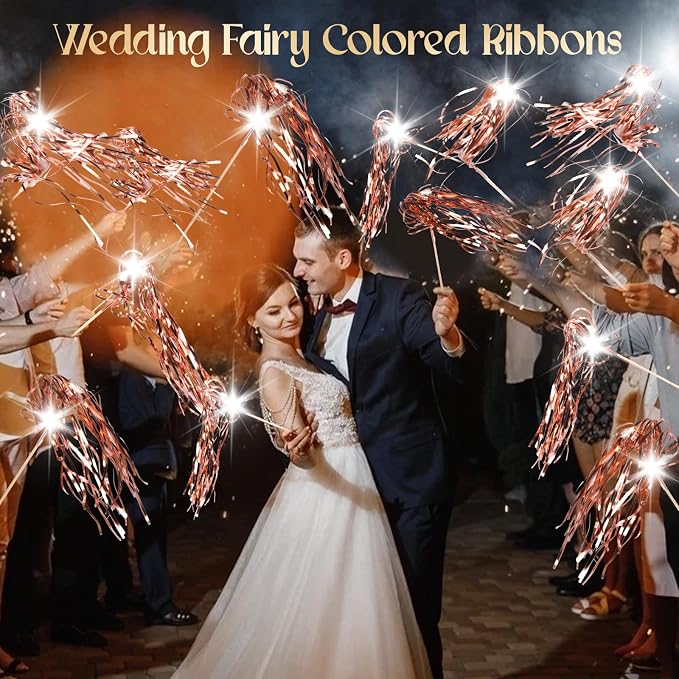 Drixbor 100 PCS Light Up Wedding Wands - LED Tinsel Streamers for Wedding Send Off & Grand Entrance, Party Favors for Weddings Birthdays Christmas (Rose Gold)