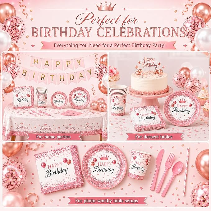 212Pcs Pink Birthday Party Supplies Set, Disposable Plates Napkins Cups Cutlery Tableware Kit with Balloons Banner Tablecloth, Serve 24 Guests for Girls Women Baby Shower Decorations