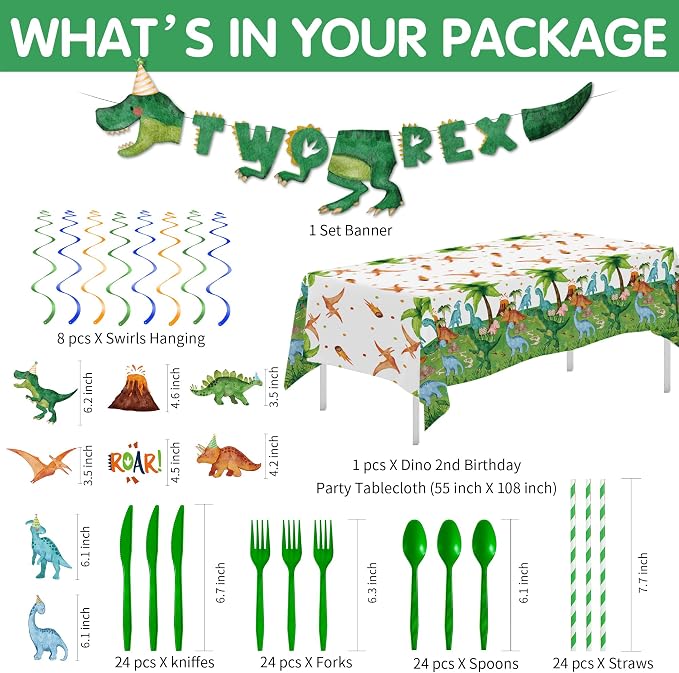 Srua Don Dinosaur 2nd Birthday Party Supplies For Boy, Dino Two Rex Birthday Decorations, Disposable Paper Plates, Cups, Napkins, Tablecloth, Cutlery, Swirls, Banner, Serves 24