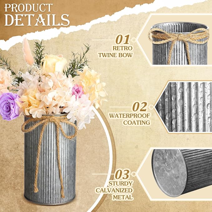 Zonon 9 Pcs Farmhouse Vase Decor with Twine Bow 4.33" Galvanized Flower Bucket 5.91" Metal Pots 7.09" Rustic Decorated Vases for Artificial Flowers Home Table Weddings Decor (Black)