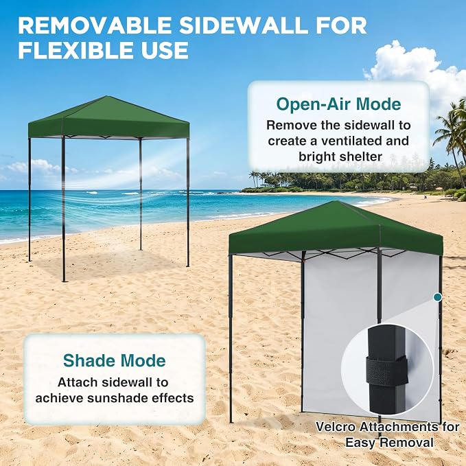 EAGLE PEAK 6x4 Instant Pop Up Canopy Tent with 1 Side Wall Panel, Straight Leg Sun Shelter, Portable Canopy with Carry Bag for Camping, Beach & Sports, Green
