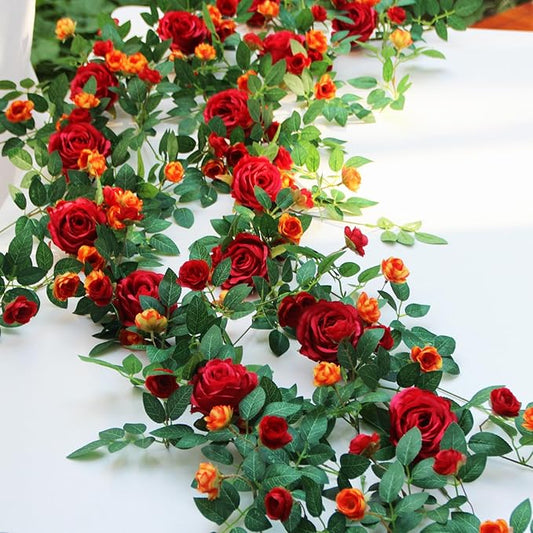 2 PCS 12FT Bendable Flower Garland, Artificial Rose Vine Hanging Floral Garland Decoration for Weding Home Room Wall Decor (Red)