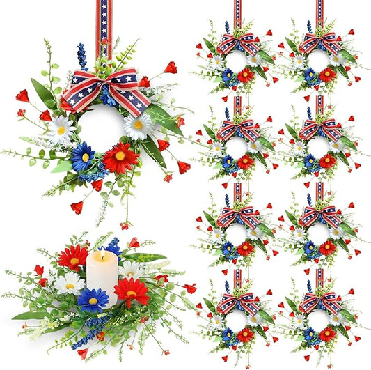 8 Pcs Mini Patriotic American Kitchen Cabinet Wreaths Small 4th of July Floral Swag Wreath for Front Door with Ribbon Daisy July Independence Day Hanging Wreath for Porch Wall Farmhouse Decor