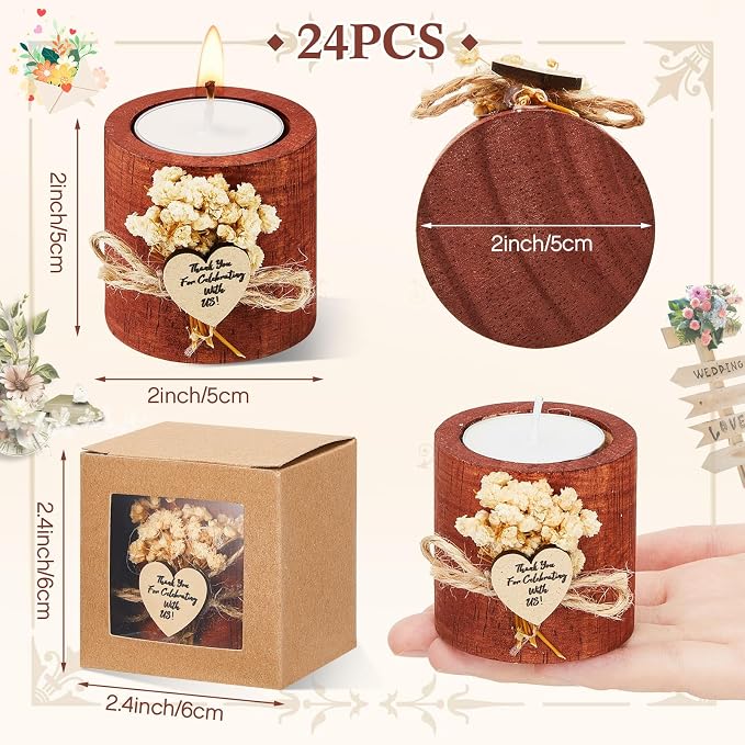 24 Pcs Rustic Wedding Party Favor Candle Holders Bridal Shower Favors Wooden Candles Favors Gifts Souvenirs for Guest Romantic Gifts Wedding Decorations (Dark Brown)