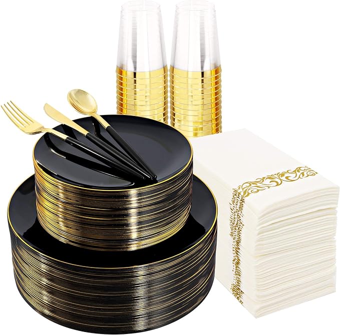 Supernal 350PCS Black and Gold Plastic Dinnerware Set (Serves 50 Guests) - Extra Heavyweight Black Plates with Premium White Handle Gold Utensils, Cups, Napkins for Graduation, Wedding Party