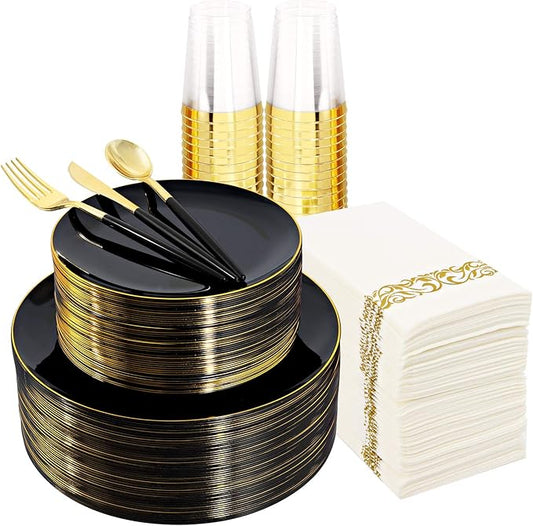 Supernal 350pcs Black Plastic Dinnerware Set - Black and Gold Plastic Plates, Gold Silverware Set, Wedding Party Plate, Cups for Birthday, Party, Wedding,Valentine's Day, Mother's Day and Easter