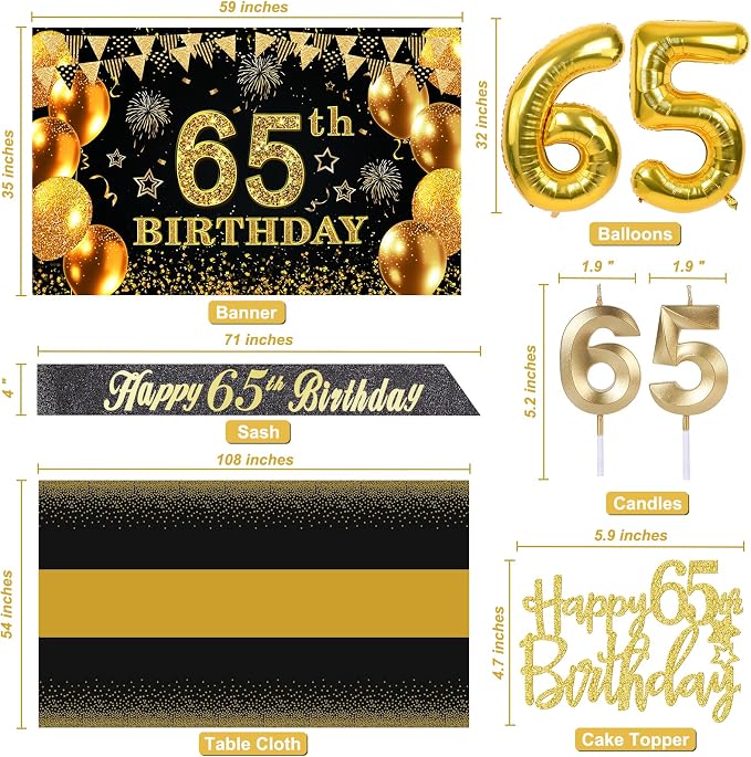 65th Birthday Decorations Men Women with 65th Birthday Banner, Black and Gold Table Cloth, Number Balloons, Large Sash, Cake Topper and Candles