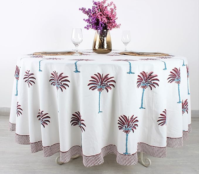 Ridhi Round Tablecloth Hand Block Print 100% Cotton Reusable Red Palm 110 Inch Table Cover Decorative Everyday Use for Dining, Home, Party, Wedding, Farmhouse, Party Gift for Spring, Mother's Day