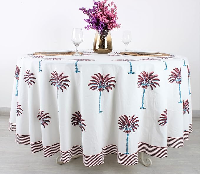 Ridhi Round Tablecloth Hand Block Print 100% Cotton Reusable Red Palm 60 Inch Table Cover Decorative Everyday Use for Dining, Home, Party, Wedding, Farmhouse, Party Gift for Spring, Mother's Day