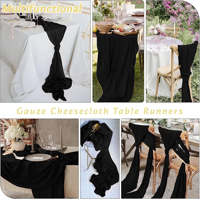 16Pack Black Table Runner 10FT Black Cheesecloth Table Runner 35x120Inch Long Boho Cheese Cloth Table Runners Rustic Gauze Table Runners for Party Wedding Table Decor