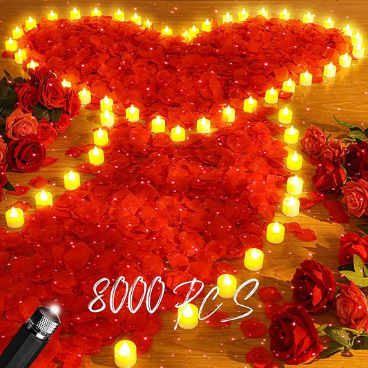 Hanaive 8000 Pcs Artificial Rose Petals with 120 Pcs Flameless LED Tea Light Candles Set Romantic Special Night Decorations for Proposal Anniversary Wedding Party Decor(Classic Color)