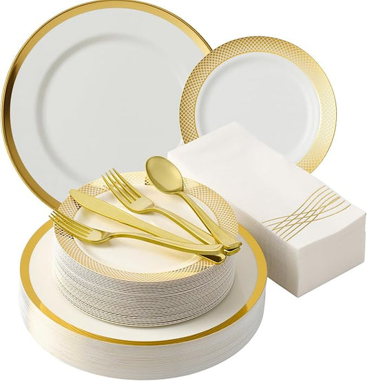 By Madee HEAVYWEIGHT Fancy Plastic Dinnerware Sets – White and Gold Disposable Plates, Premium Cutlery & Linen-Like Napkins | Elegant Disposable Dinnerware Set - 175 Pc for 25 Guests
