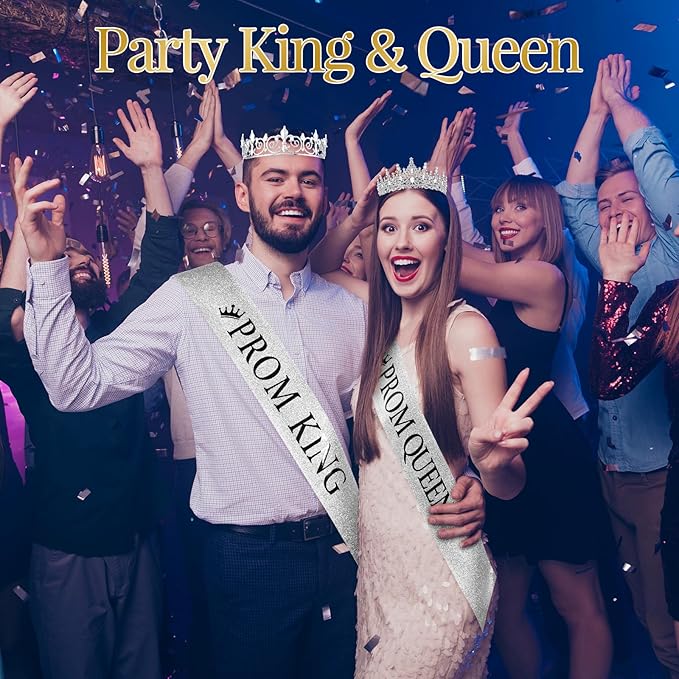 Saintrygo 12 Pcs Prom Crown and Sash Set, Prom King and Queen Tiara Rhinestone Crown Glitter Court Royal Satin Sash for 2026 Graduation Ball Dance Night Party Birthday Accessory(Silver,Classic)