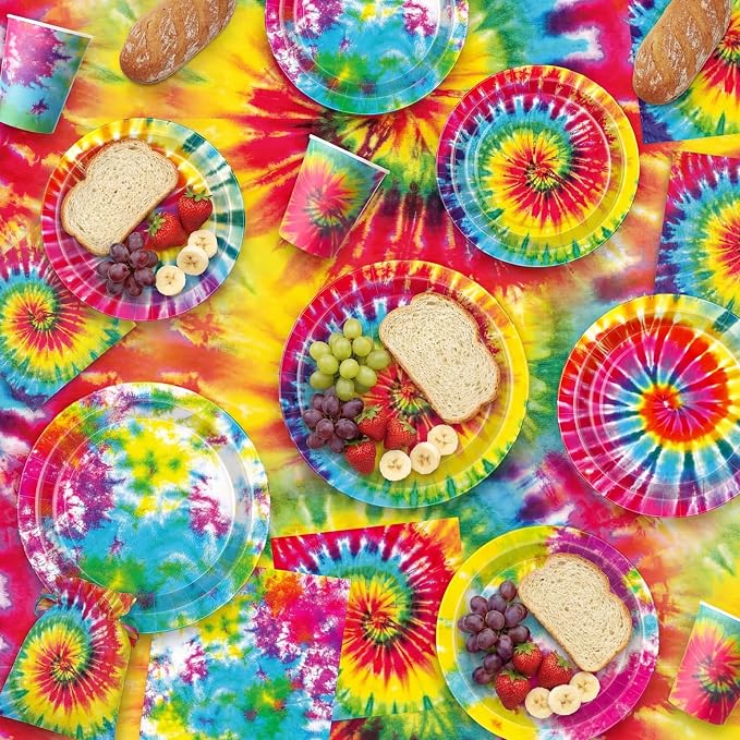 Ceenna 390 Pcs Tie Dye Party Supplies for 48 Guests, Tie Dye Paper Plates Napkins Cups Tablecloth Cutlery Disposable Tableware Set for Birthday Baby Shower Party