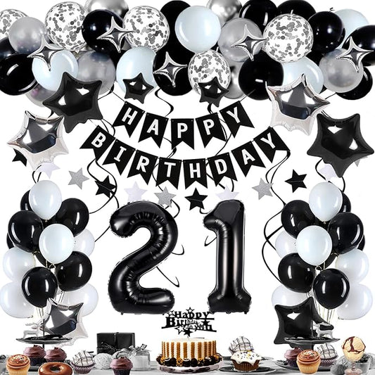 21st Birthday Decorations for Men Women, Black White and Silver Happy 21 Party Decor Set with 21 Number Foil Balloons, Banner, Cake Topper for Him Her