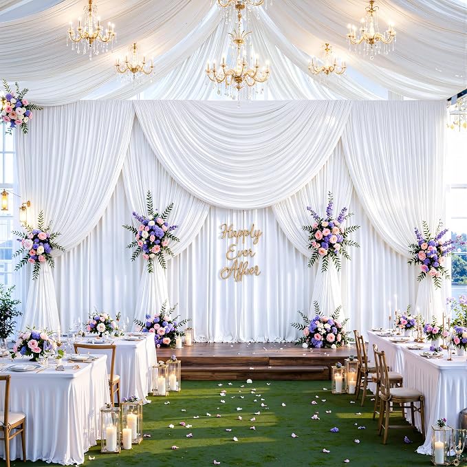 50ftx12ft Wrinkle Free White Backdrop Curtain, 10 Panels 12FT Long Wedding Photo Backdrop Drapes, Silky Polyester Back Drop Cloth for Birthday Photography Background Party Backdrop Draping