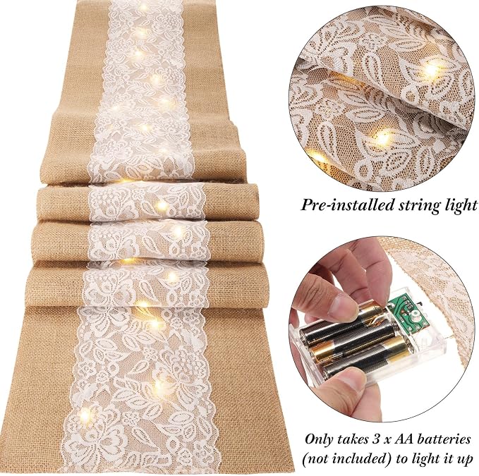 Xinnun 6 Pack Burlap Table Runner with Warm LED Lights,Rustic Lace Wedding Table Decor,Boho Farmhouse Jute Runner for Reception Bridal Shower Party(Modern,12x70 Inches)