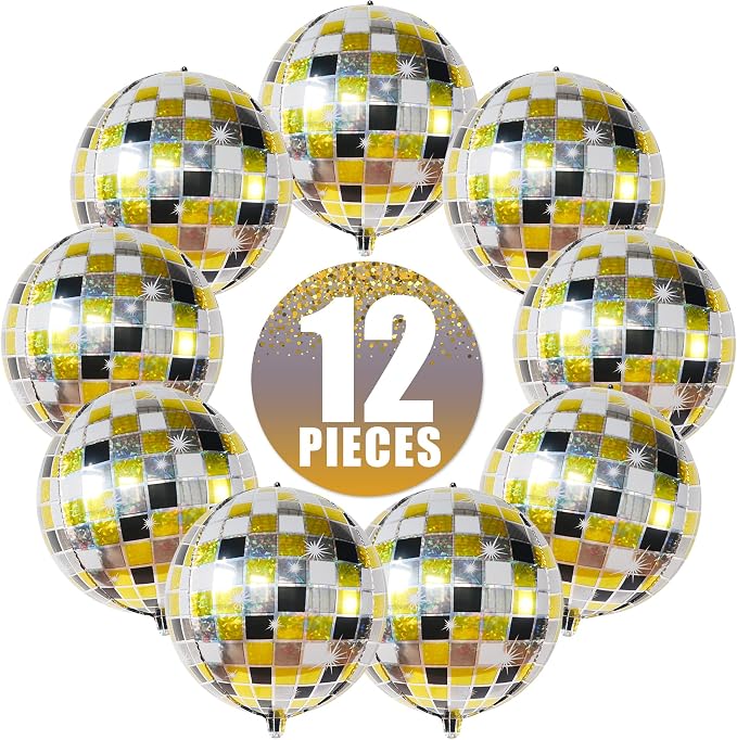 KatchOn, Shiny Disco Ball Balloons - Big 22 Inch, Pack of 12 | Foil Black and Silver Disco Balloons for Disco Ball Decor | Black and Gold Graduation Decorations | Bachelorette Party Decorations