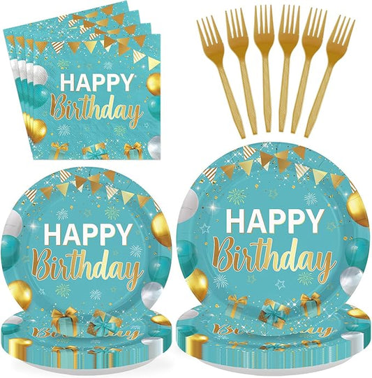 96 Pcs Teal Blue and Gold Birthday Party Supplies Happy Birthday Plates and Napkins Disposable Turquoise Aqua Teal Tableware Set for Men Women birthday Party Decorations Serves 24