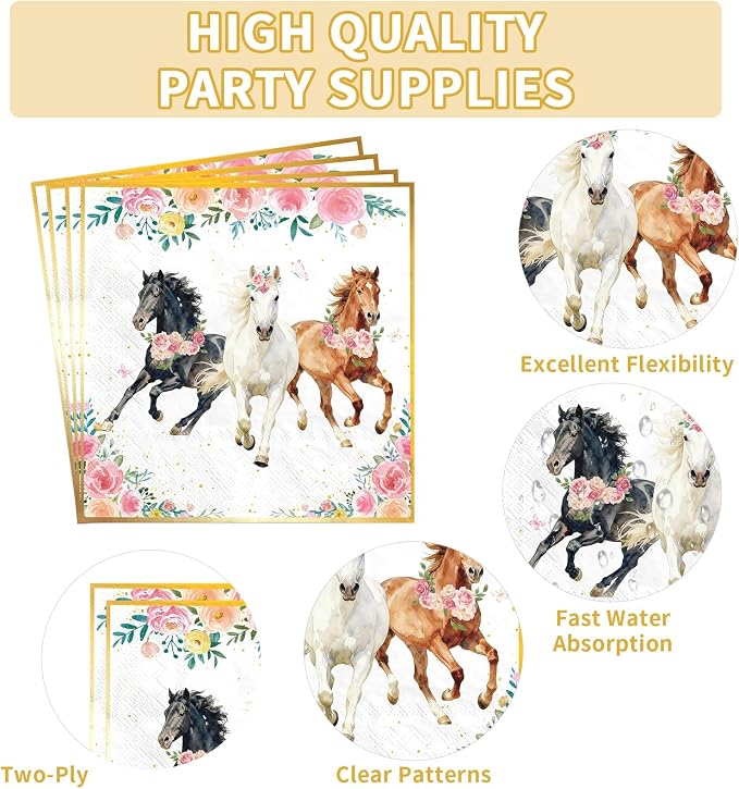 200Pcs Western Horse Party Supplies Cowgirl Theme Plates and Napkins Pink Floral Horse Disposable Paper Tableware Set for Girl Birthday Baby Shower Rodeo Event Bachelor Party Decor Serves 50