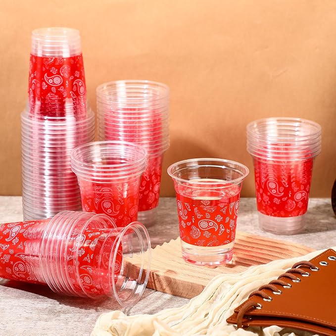 Funnymoom 60 Pack Western Cowboy Cups 12 oz Red Bandana Disposable Clear Plastic Cups for Western Cowboy Birthday Party Decoration Supplies