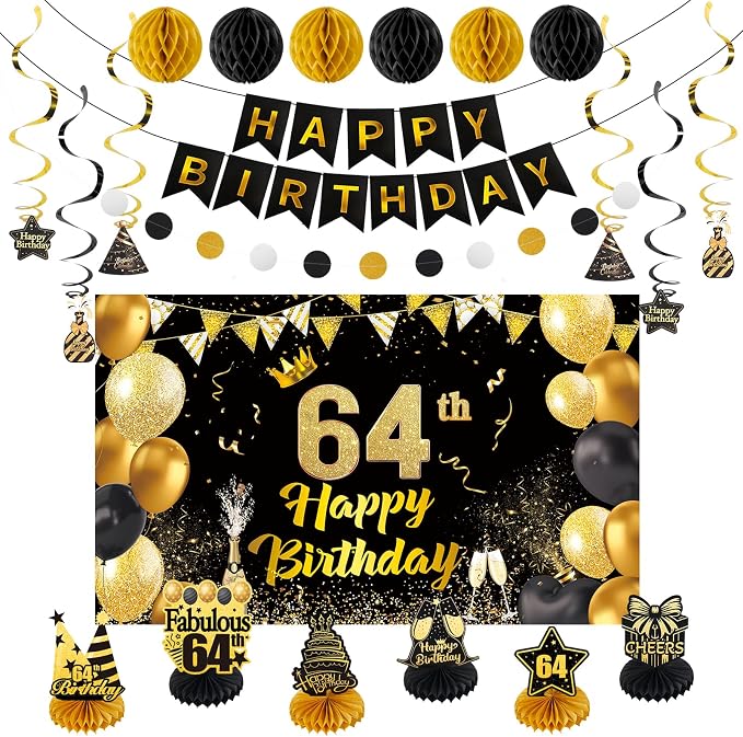 Happy Birthday Party Decoration Set: Including Birthday Banner Backdrop, Party Table Centerpieces and Hanging Swirl Party Streamers, Birthday Decor for Men and Women (Gold/Black, 64th Birthday)