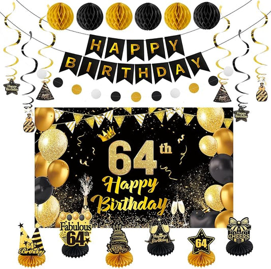 Happy Birthday Party Decoration Set: Including Birthday Banner Backdrop, Party Table Centerpieces and Hanging Swirl Party Streamers, Birthday Decor for Men and Women (Gold/Black, 64th Birthday)