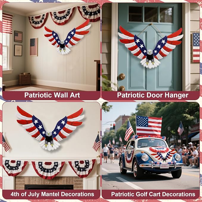 Adroiteet Lighted American Eagle 4th of July 250th Decorations Outdoor with Timer LED Lights Patriotic Metal Wall Art for Golf Cart Indoor Front Door American Flag Eagle Decor, 23.6" x 15.7"