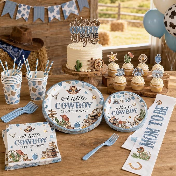 Cowboy Baby Shower Party Decorations for Boy A Little Cowboy is on the Way Disposable Paper Plates,Balloons Arch,Napkin,Cake Topper,Backdrop,Tablecloth,Banner for Wild West Baby Shower Party Supplies