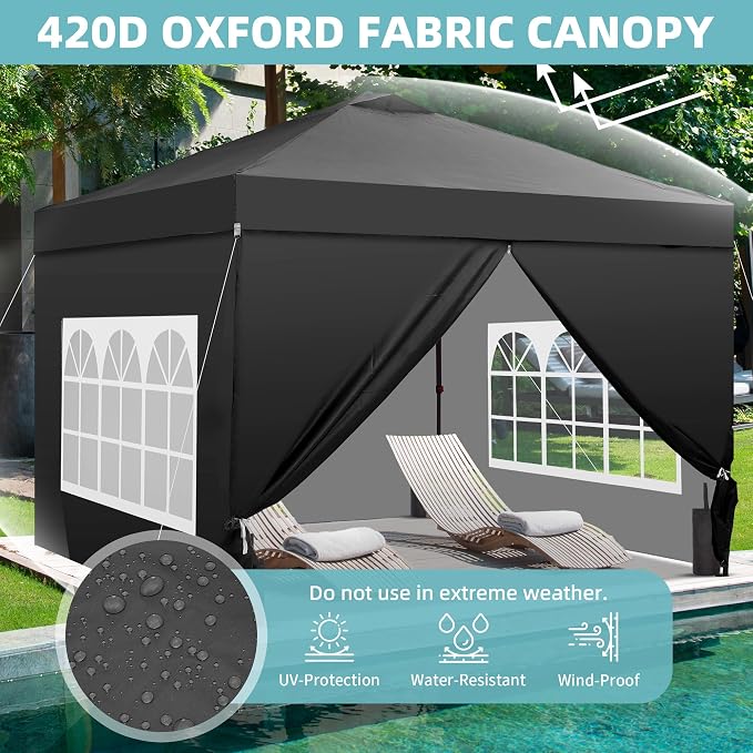GDY 12x12ft Pop Up Canopy Tent with 4 Sidewalls, with Center Lock, 3-Level Height Adjustment, Wheeled Bag, for Gardens, Poolside, or Patio Lounge Spaces, Black